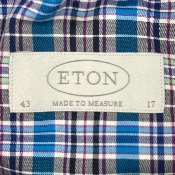 Eton Shirt Mens 43 17 Blue Purple Green Plaid Button‎ Down York 100% Cotton - Picture 6 of 10